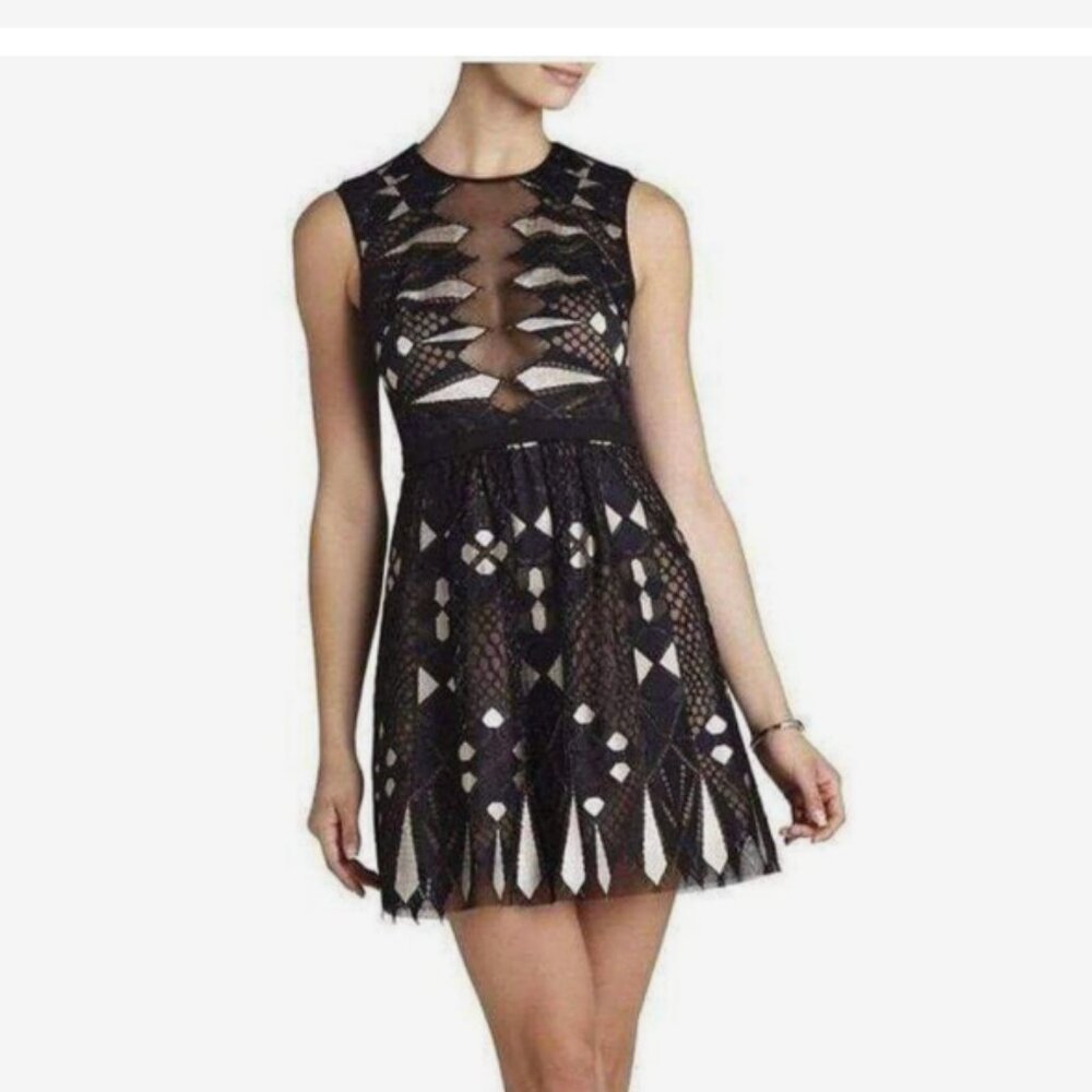 BCBGMaxAzria Size 4 Kailey Sleeveless A-Line Dress in Black Lace Handkerchief